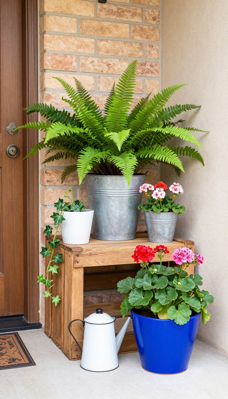 Front patio with unique planters and containers including a wooden crate, galvanized bucket, blue ceramic pot, and enamel coffee pot, arranged on a brick patio near a wooden door.