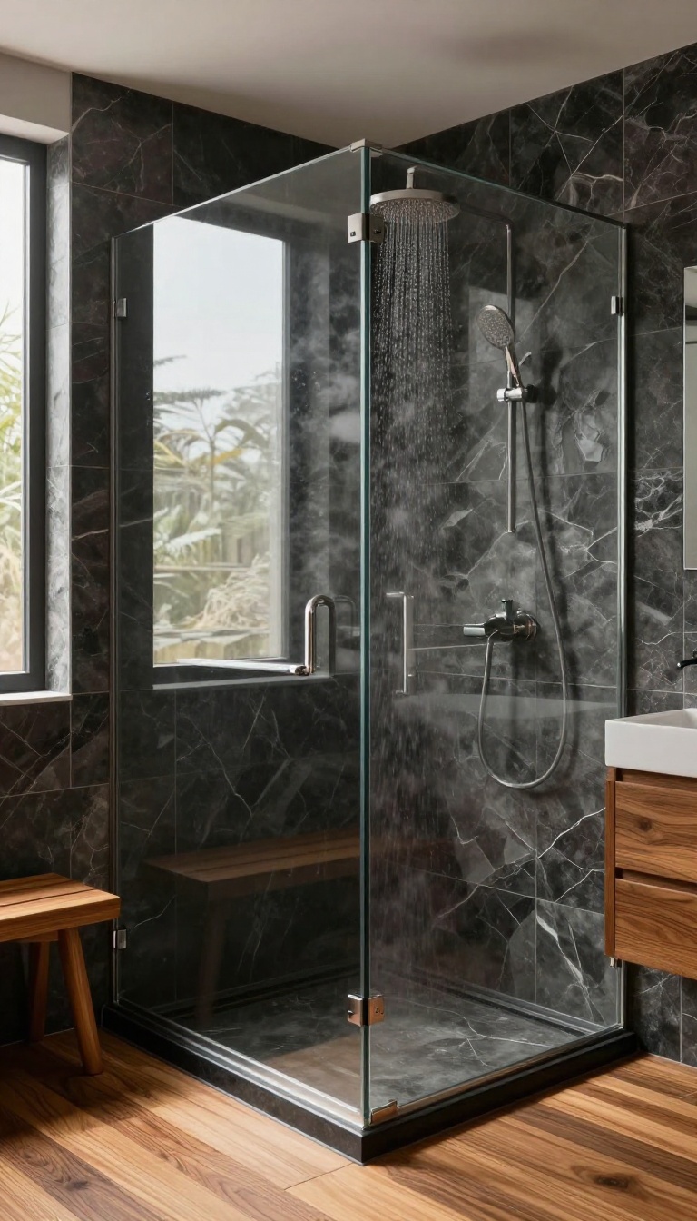 Onyx and wood combination walk-in shower with teak bench and floor