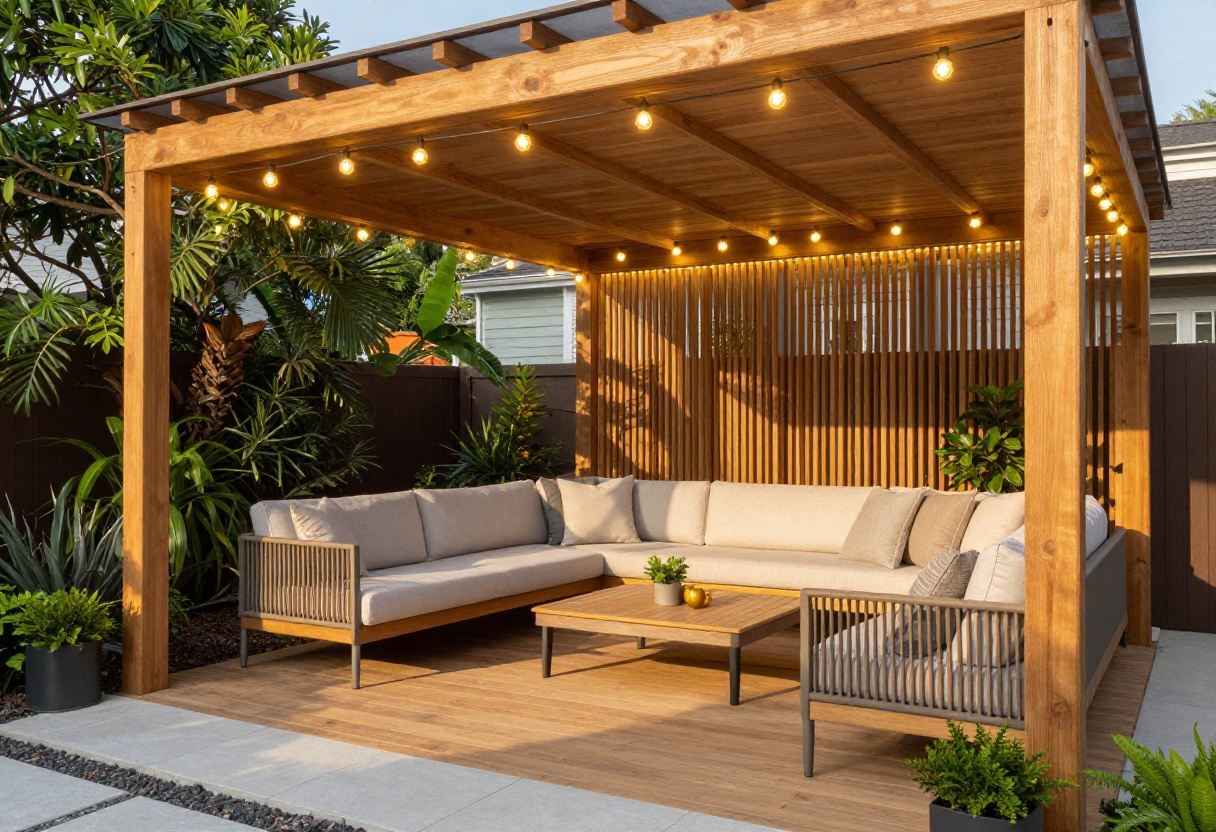 Modern patio with wooden pergola and outdoor furniture at sunset