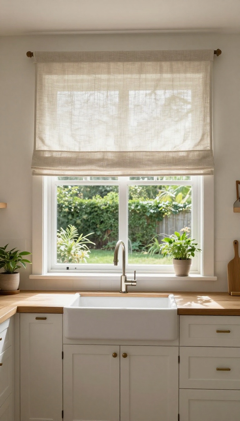 Café-style valance over a kitchen window above a sink, allowing natural light while providing privacy