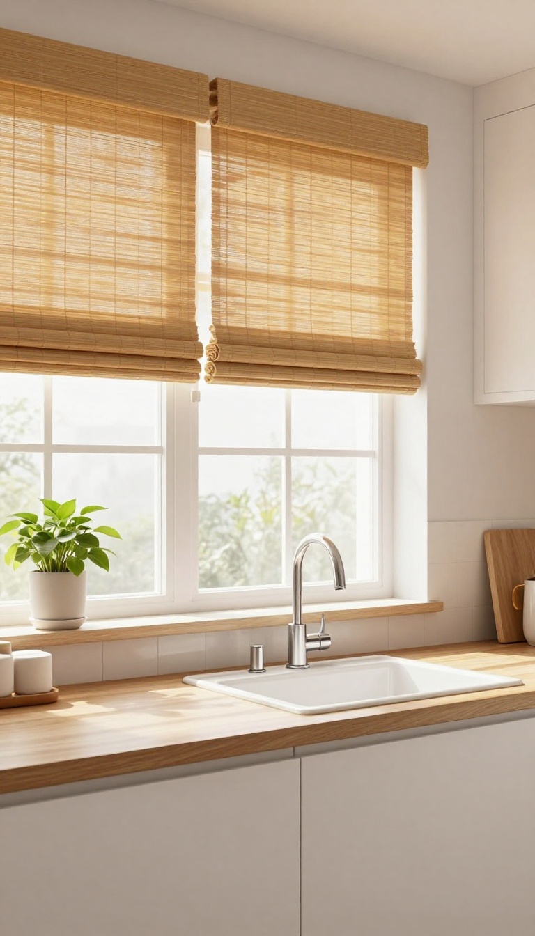 Bamboo shades in a bright kitchen with wooden countertops and plants