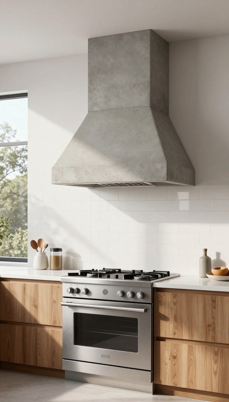 Modern kitchen with a concrete range hood as a sculptural centerpiece