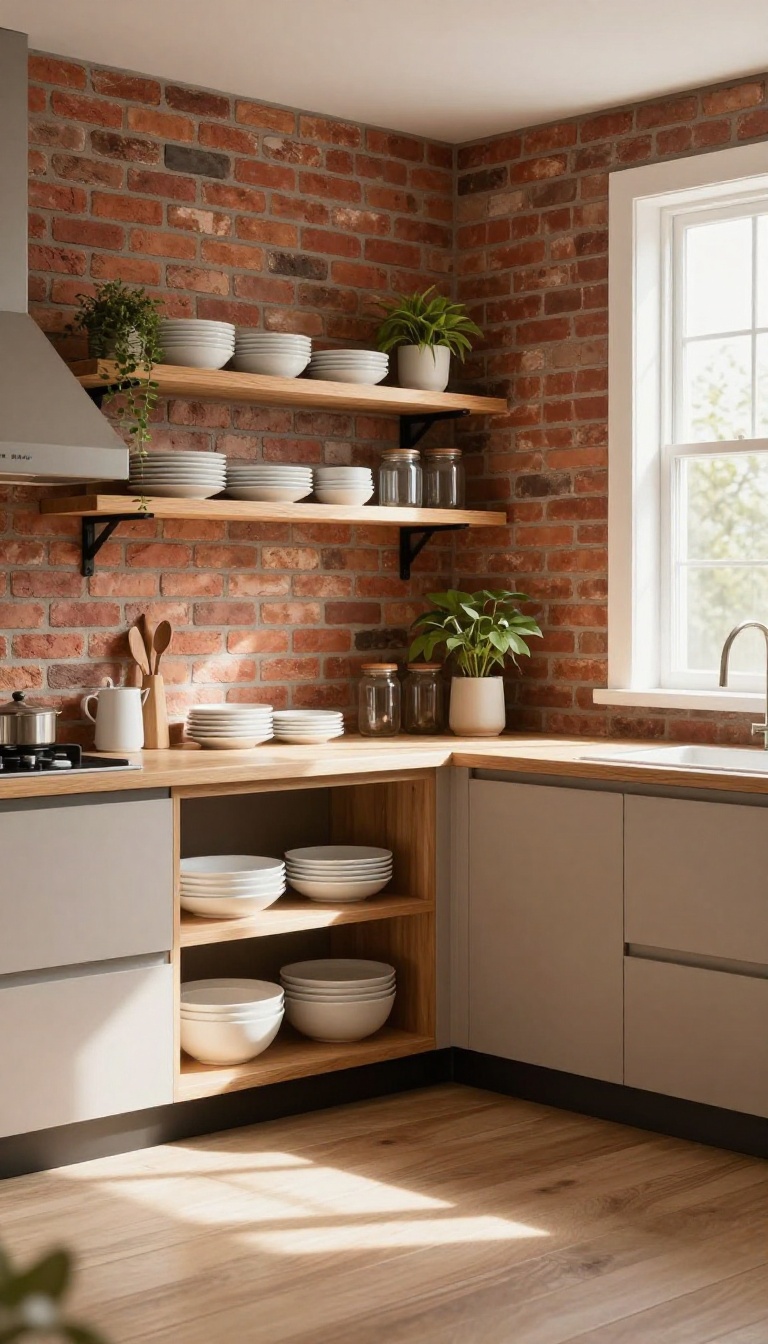 Open wooden shelves on a brick wall in a cozy kitchen, styled with dishes and plants.