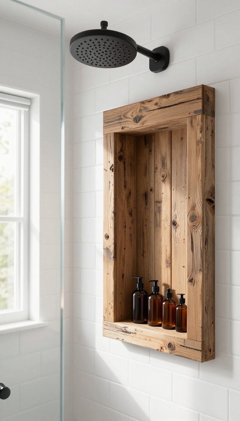 Modern farmhouse shower with a reclaimed wood built-in niche holding shampoo and soap bottles, white subway tile, and a rain showerhead.
