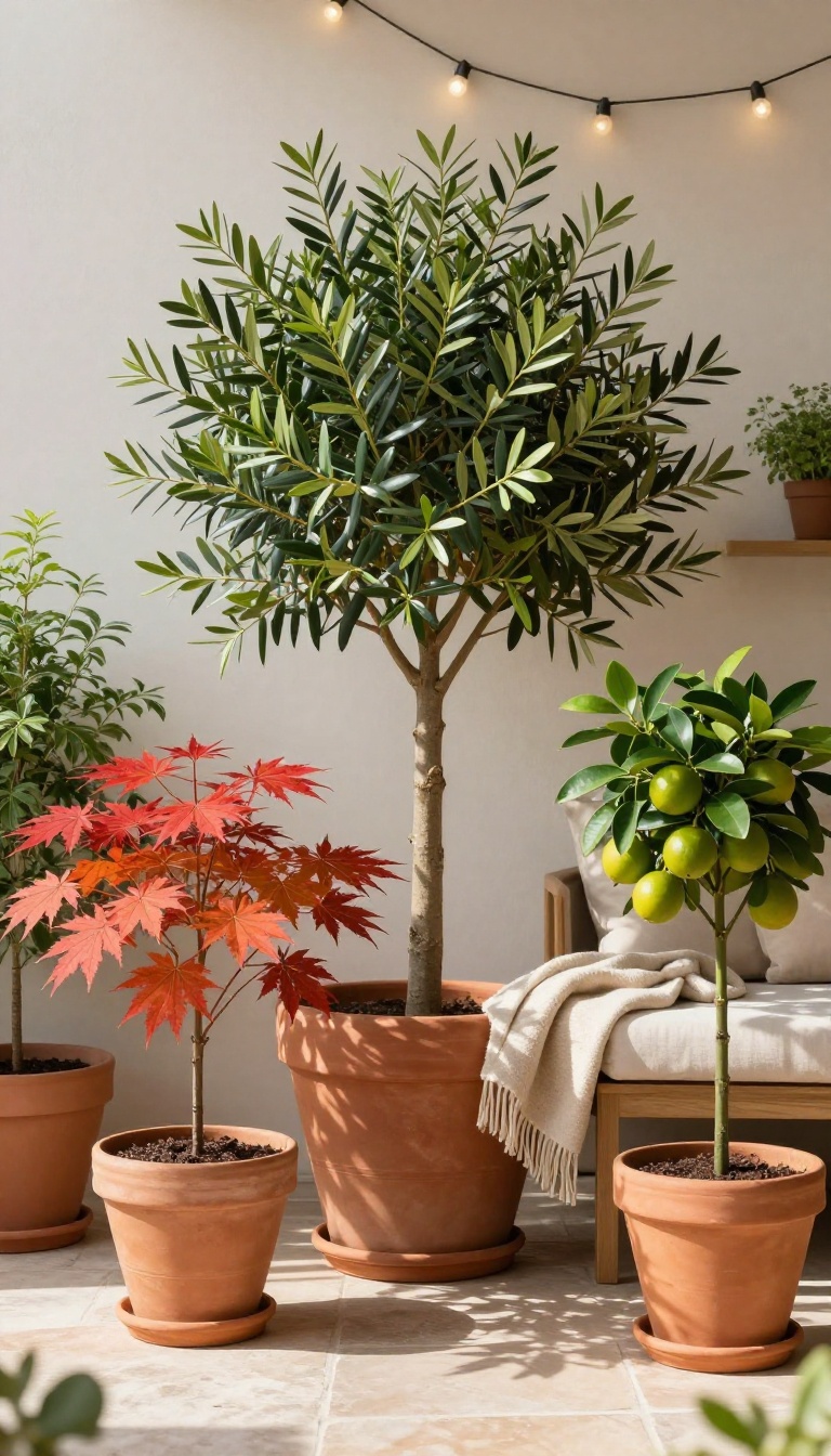 Cozy small patio with potted trees providing height and shade, featuring olive, Japanese maple, and citrus trees in terracotta pots.