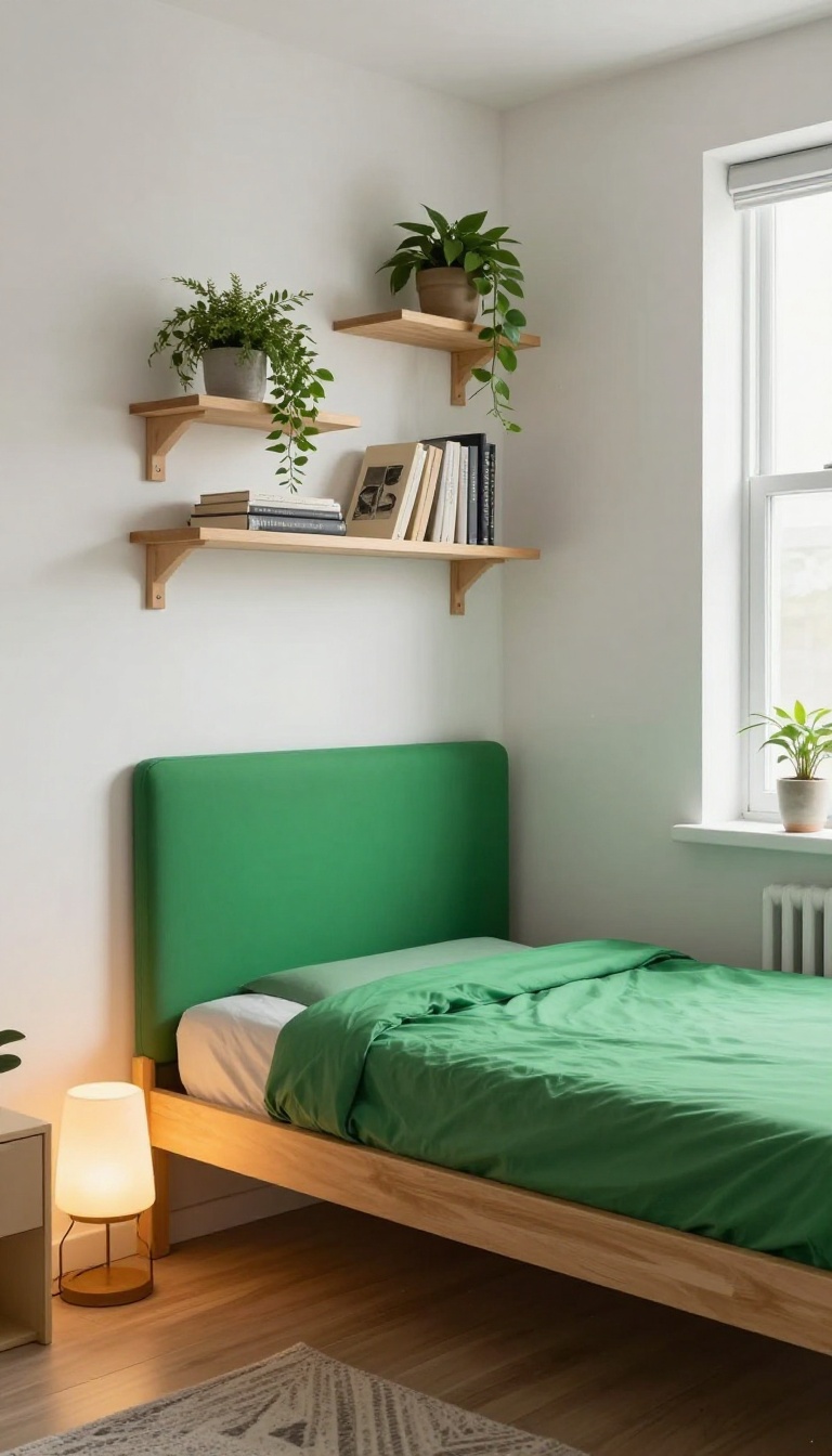 College living room with a DIY removable wallpaper headboard and floating shelves