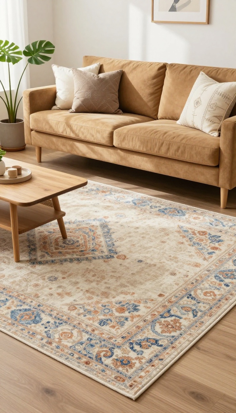 Tan couch with a large patterned area rug in a bright living room