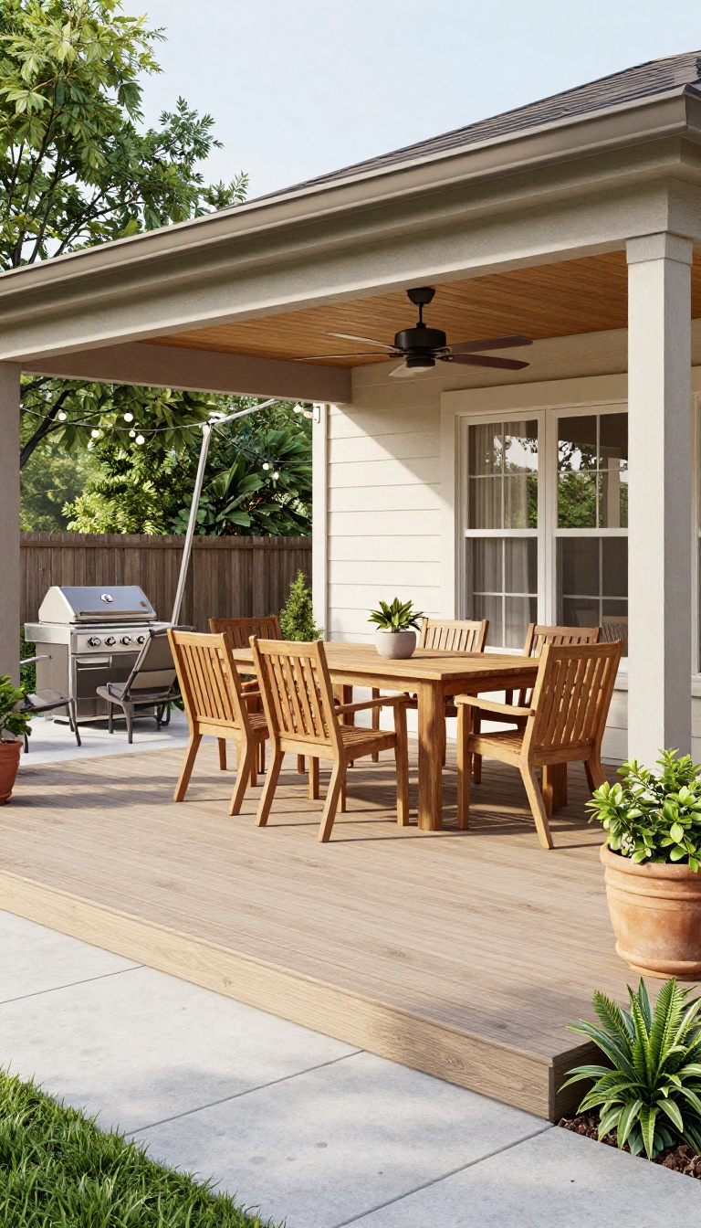 Screened porch deck with open patio, matching materials, dining area inside, grill and seating outside