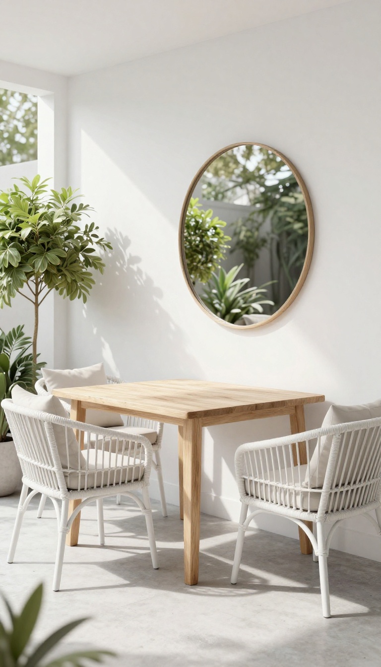 Small patio with light colors, white furniture, and a mirror to visually expand the space.