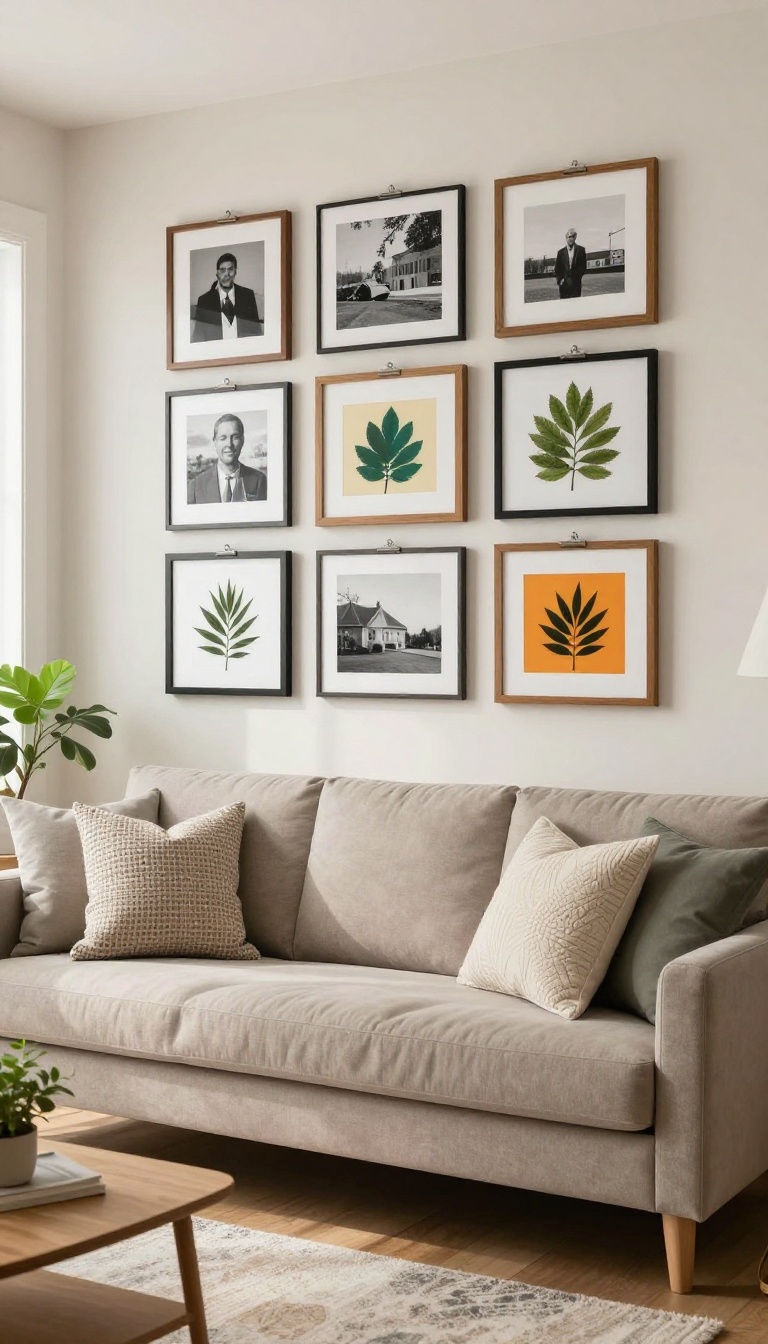 A cozy college living room with a gallery wall of mixed frames and personal photos, styled with a sofa, pillows, and natural light.