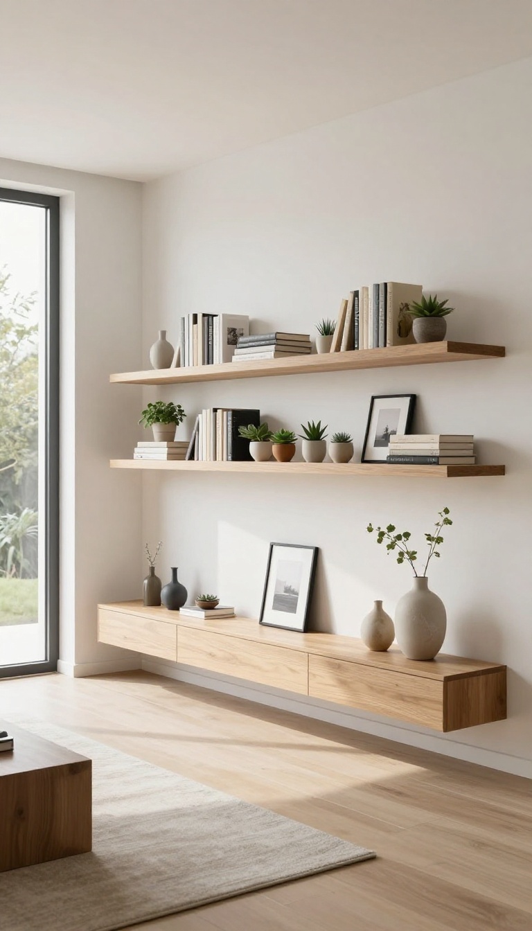 Modern living room with floating shelves styled with books, plants, and decor in bright natural light