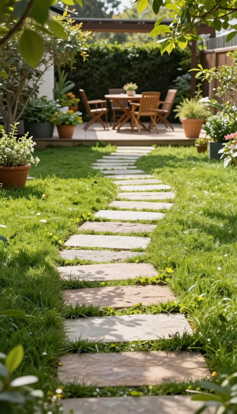 Flagstone walkway leading to a patio in a lush backyard