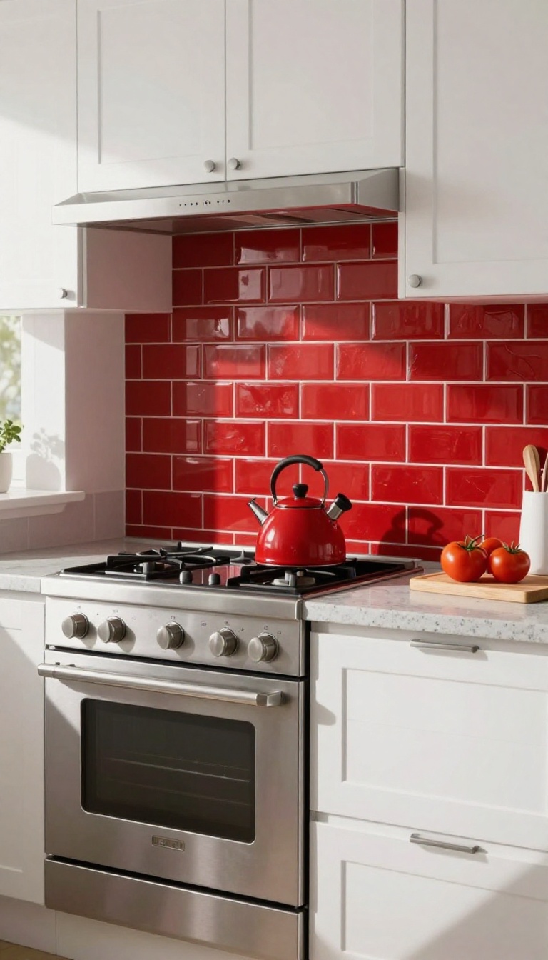 Red herringbone tile backsplash behind a stove in a bright white kitchen with stainless steel appliances and a red kettle