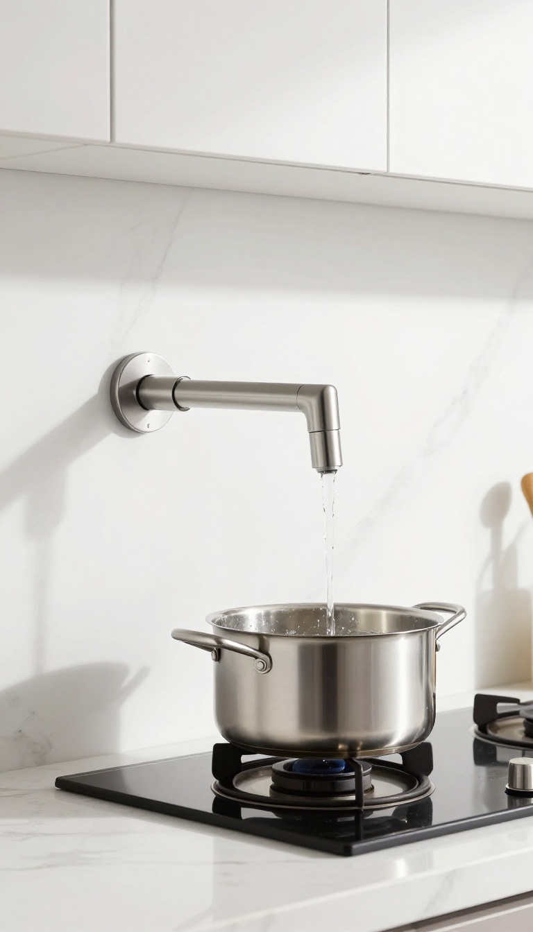 Modern kitchen with a wall-mounted pot filler faucet filling a large stockpot on the stove