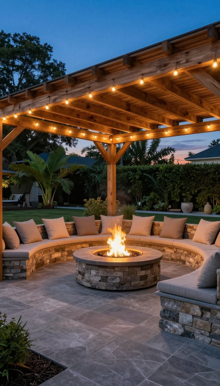 A cozy patio pergola with a stone fire pit and seating area, surrounded by greenery at dusk.