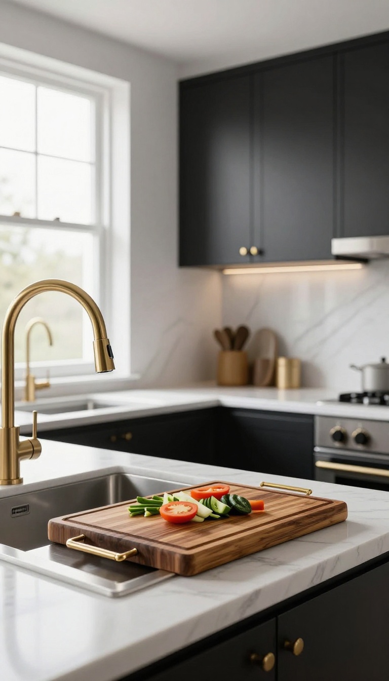Over-the-sink cutting board with gold handles in a black and gold kitchen