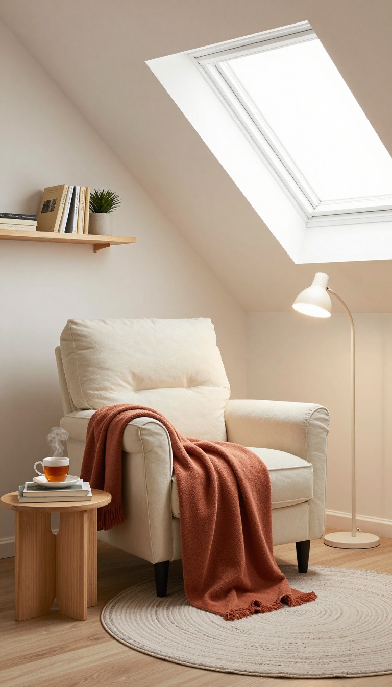 Cozy attic reading nook with armchair, warm lighting, and books under a sloped ceiling