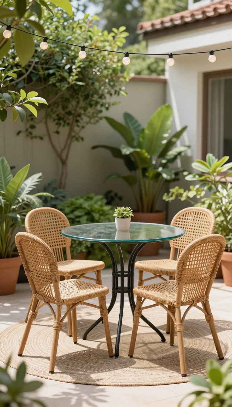 A compact bistro set with a glass-top table and two resin wicker chairs on a small patio, surrounded by potted plants and string lights.