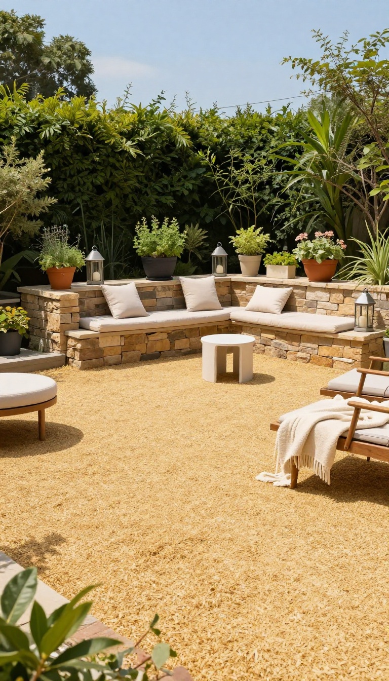 Gravel patio with a natural stone retaining wall, built-in bench, and potted plants in a sunny backyard