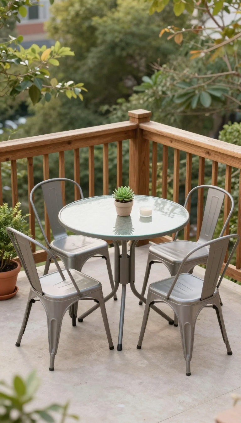 A compact bistro set with a glass table and slim chairs on a small patio, styled with a potted plant and candle.