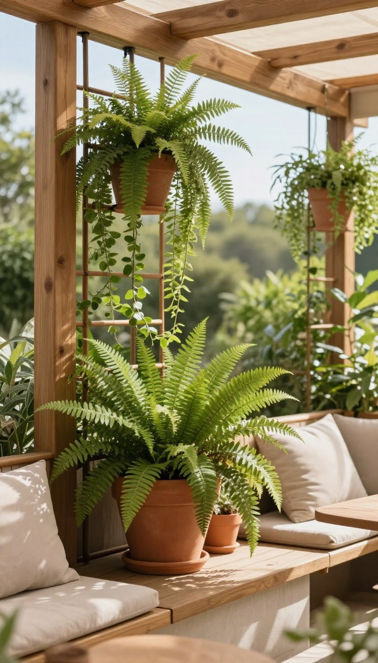 Vertical garden and potted plants on a cozy patio