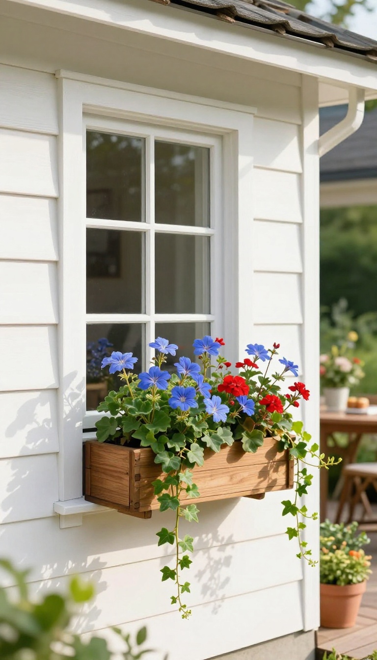 Window box with trailing lobelia and geraniums on a cottage-style home, adding color without clutter