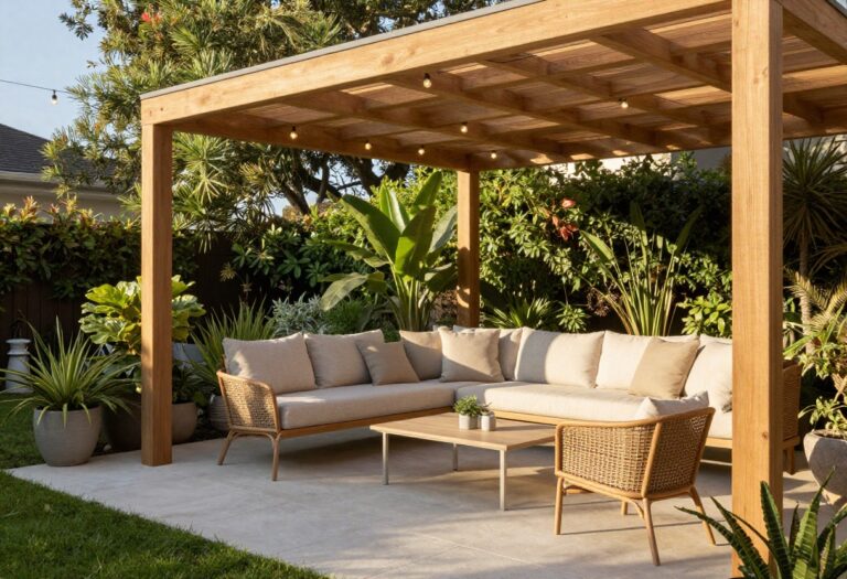 Modern wooden pergola over a patio with outdoor furniture and string lights