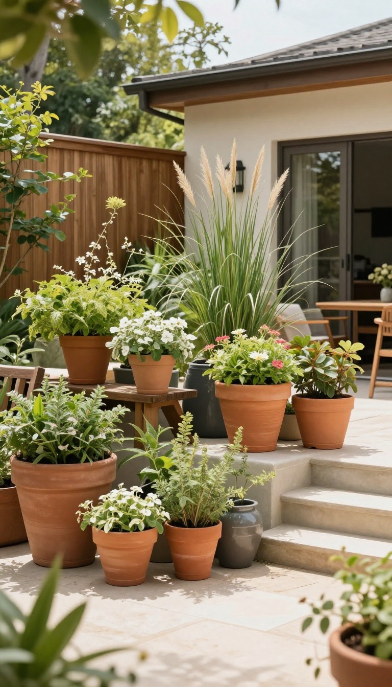 Patio with potted plants arranged at different heights, including terracotta and ceramic containers with grasses, shrubs, and vines.