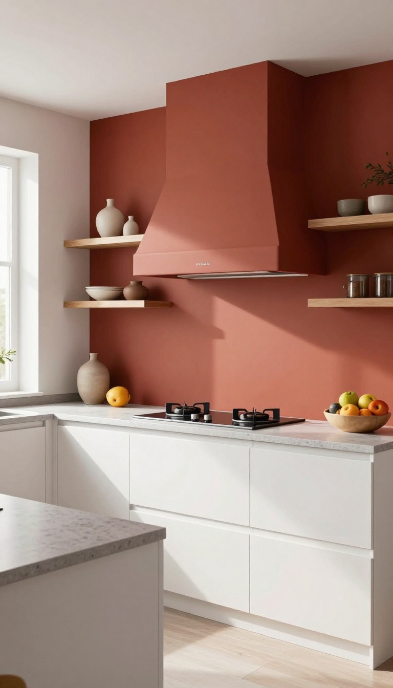 Kitchen with a terracotta red accent wall behind the stove, paired with white cabinets and light gray countertops, bright natural light.