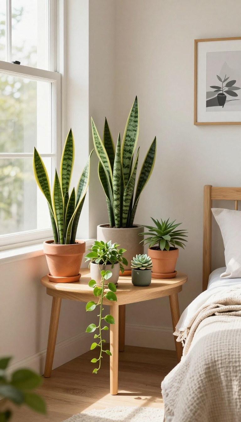 Low-maintenance plants on a desk in a cozy college dorm room with natural light