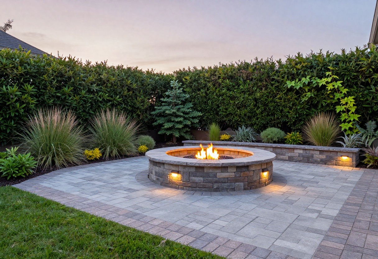 Budget-friendly paver patio with herringbone pattern and fire pit at dusk