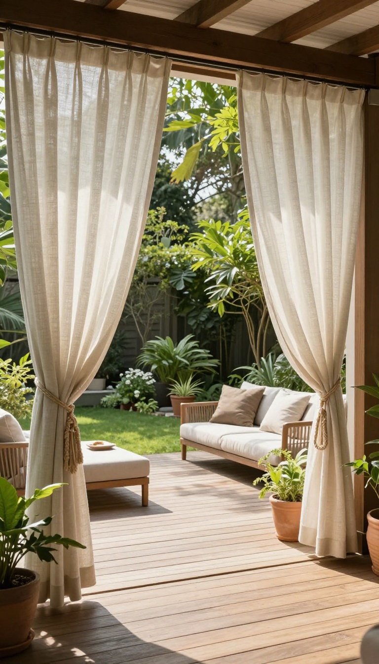 Patio curtains tied back with rope revealing a garden view
