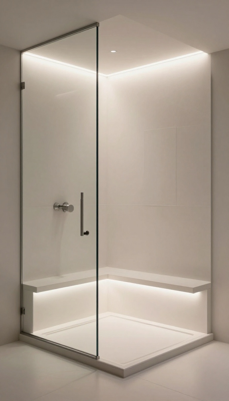 Modern basement shower with LED strip lighting under the bench, along the ceiling, and behind the mirror, creating a bright, spa-like atmosphere.