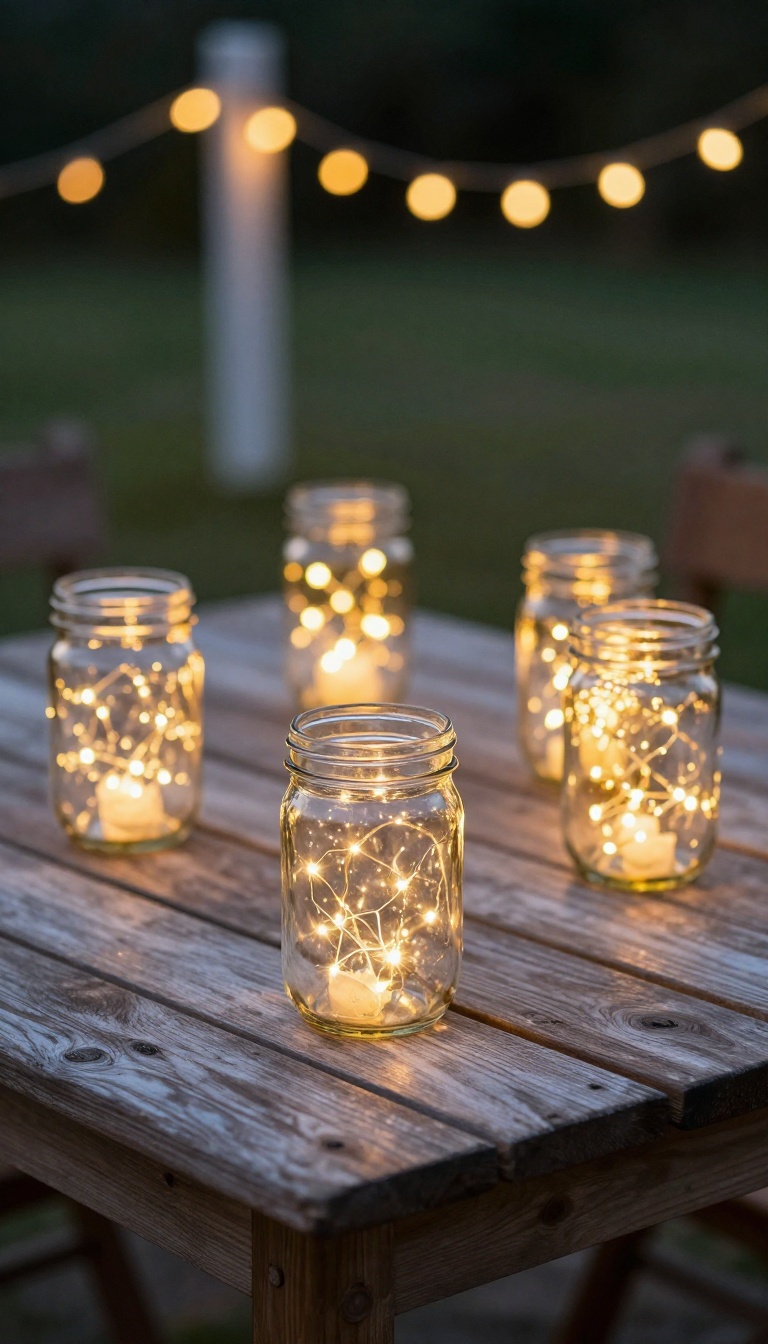 Glass jars with fairy lights on a patio table creating a warm, whimsical glow