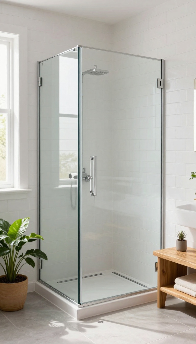 Small bathroom with a walk-in shower featuring a single fixed glass panel, open entry, linear drain, and natural light