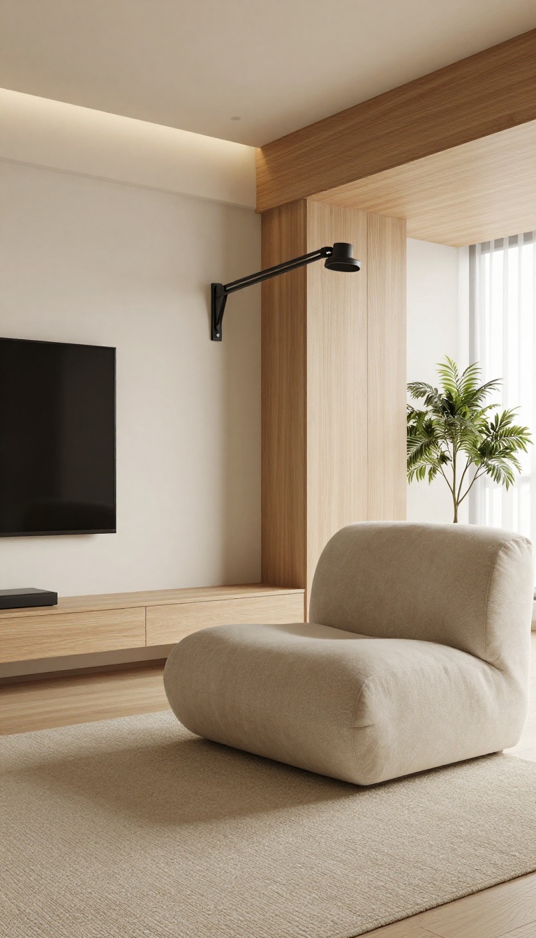 Small living room with TV on a swivel mount angled toward an armchair, sofa perpendicular, bright natural light, cozy and flexible layout