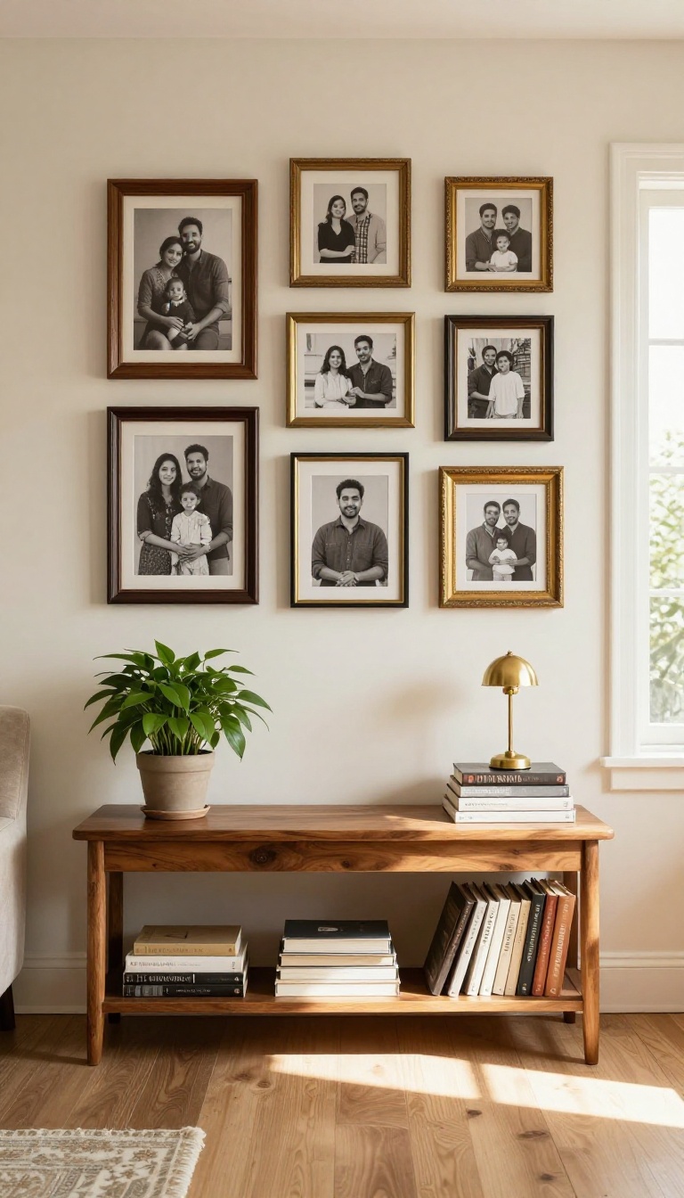 Gallery wall with vintage frames and family photos in a cozy Indian living room