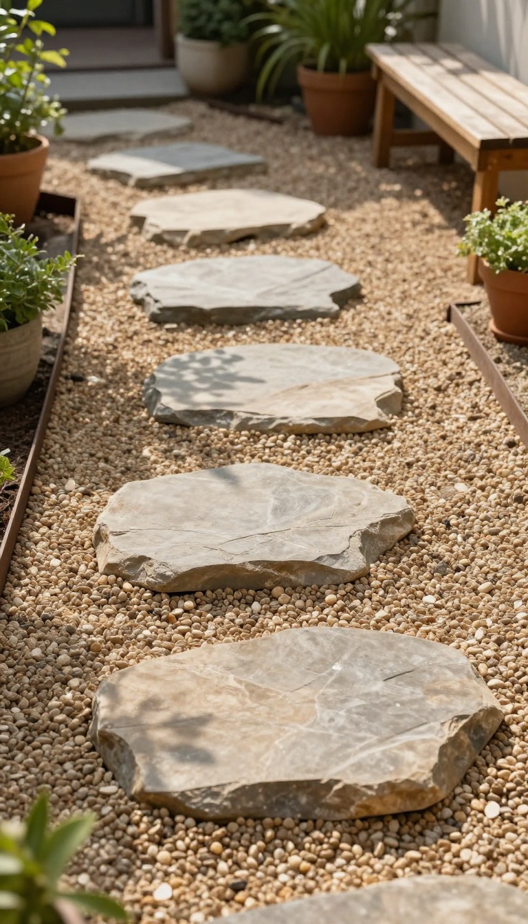 A patio path made of large flat stepping stones set in pea gravel, bordered by steel edging, in a bright cottage garden setting.