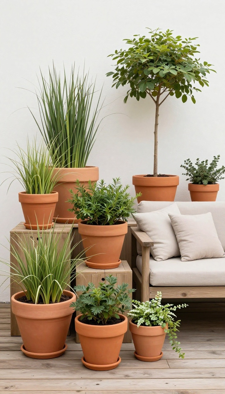 Patio decorated with potted plants in various heights and sizes, creating structure and a cozy outdoor living space.