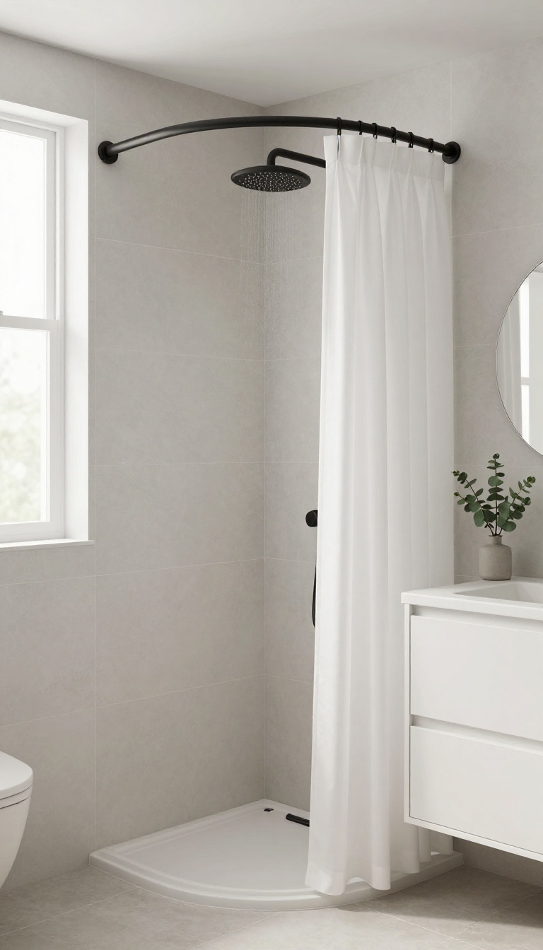 Modern bathroom with a half-wall shower and fabric curtain, showcasing an open and airy design.