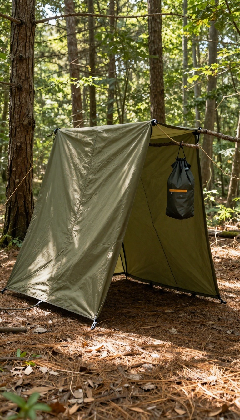 DIY tarp shower enclosure set up between trees in a forest for privacy during outdoor camping showers.
