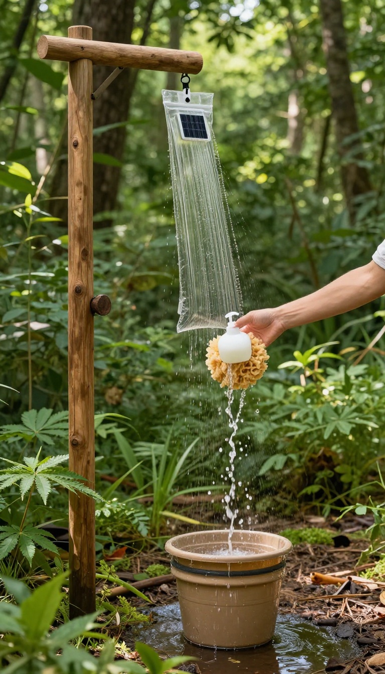 DIY camping shower with biodegradable soap and greywater collection bucket in a forest