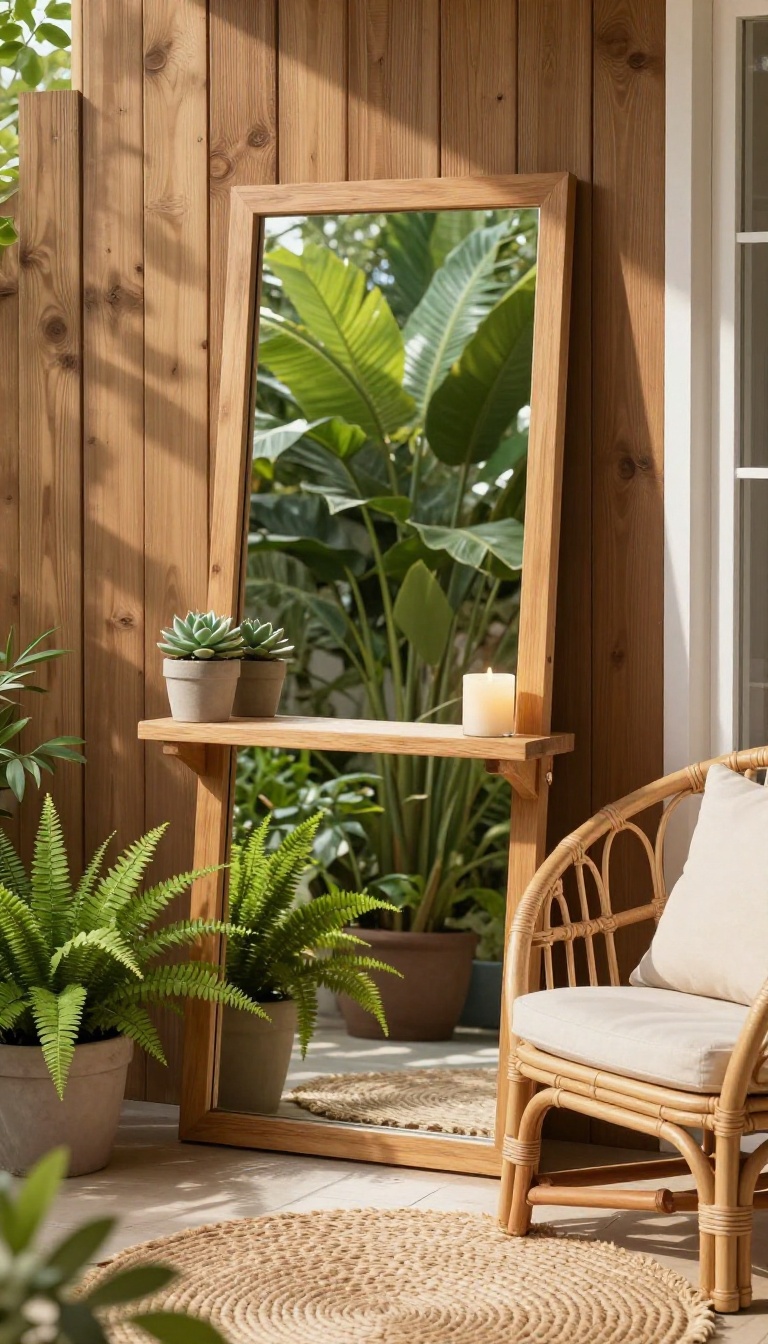 Small back patio with a teak-framed mirror reflecting plants and light, creating an illusion of space.