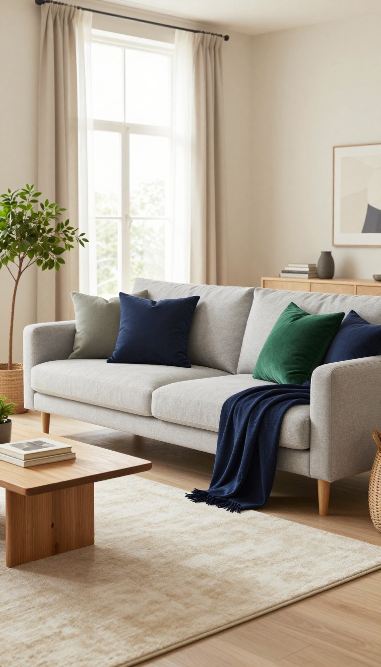 Cohesive modern living room with neutral base and navy and emerald accents