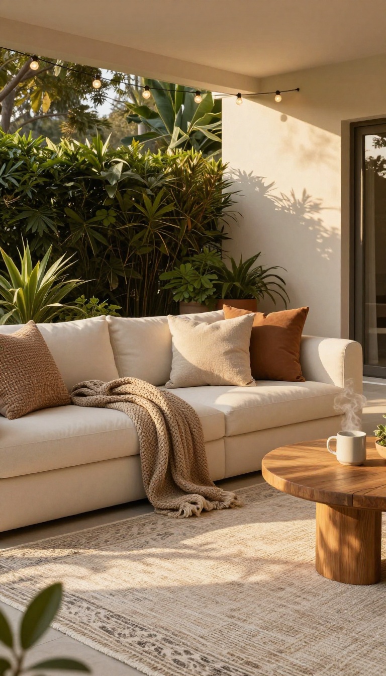 Cozy patio with plush outdoor seating, textured pillows, and a soft rug at dusk