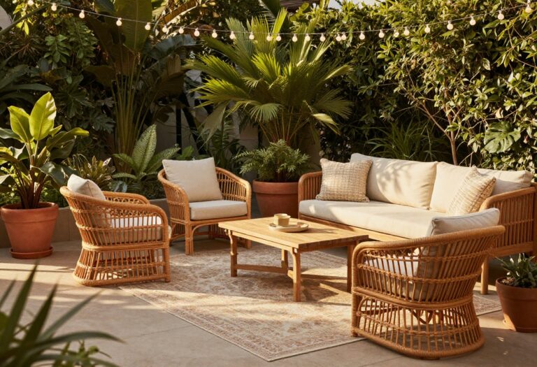 Cozy patio setup with comfortable seating, outdoor rug, string lights, and plants