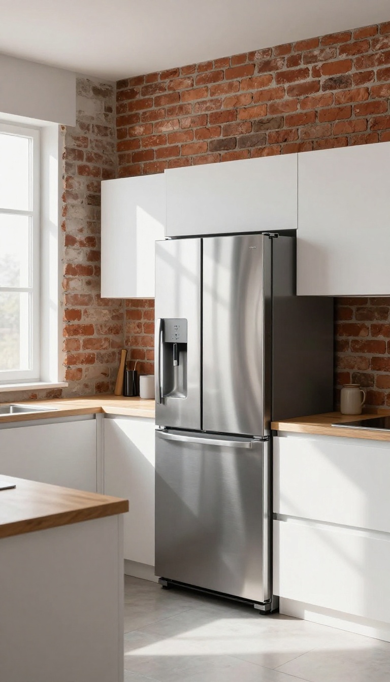 Modern kitchen with brick wall and stainless steel appliances