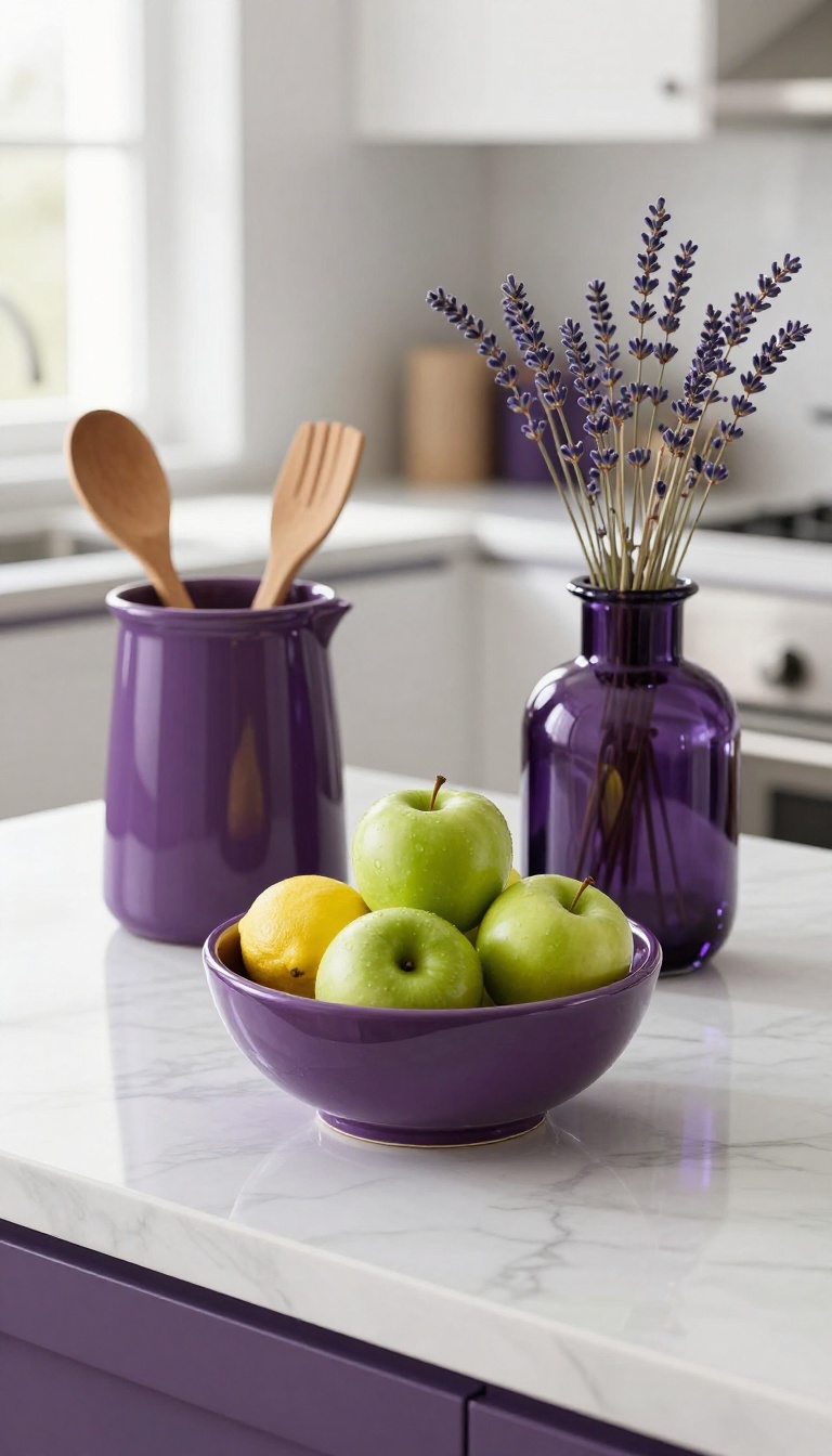 Purple kitchen accessories on a white marble countertop, including a plum fruit bowl, lilac canister, and purple vase with lavender