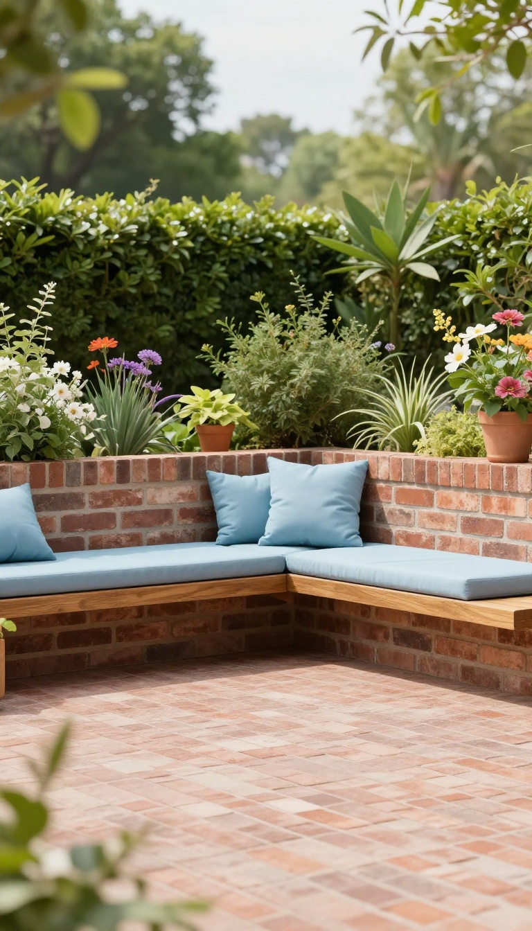 Brick patio with built-in seating and cushions, surrounded by plants