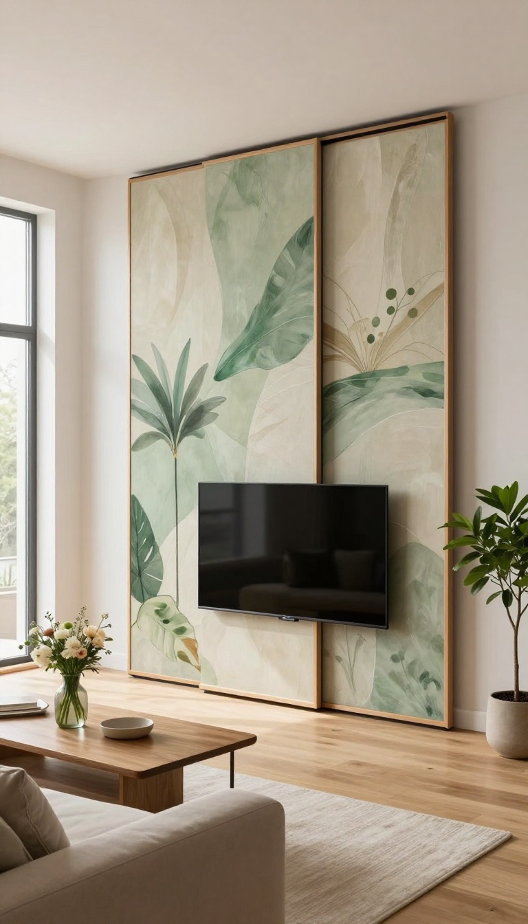 Modern living room with TV partially hidden behind sliding art panels featuring botanical artwork.